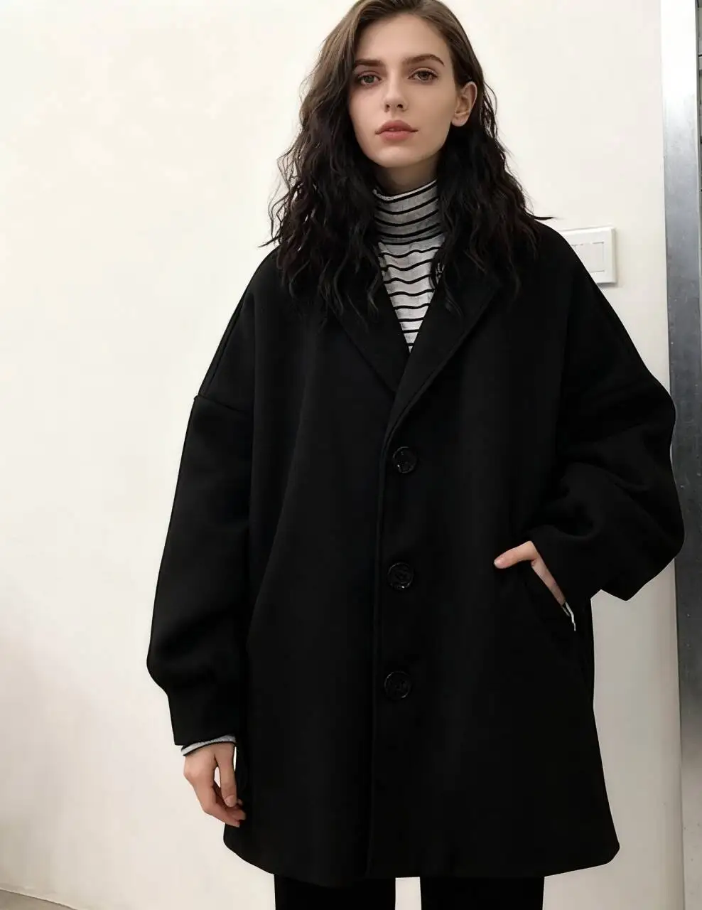 Abrigos de mezcla de lana para mujer abrigo de lana línea A otoño forro polar a cuadros abotonado manga de globo acanalada asimétrico clásico francés OL