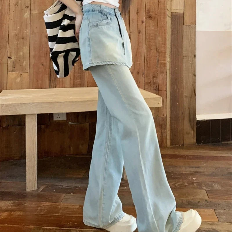 Fake Two Pieces Splicing Flared Jeans Women Retro Straight Leg High Waist Solid Color Office Lady Versatile Denim Pants Female