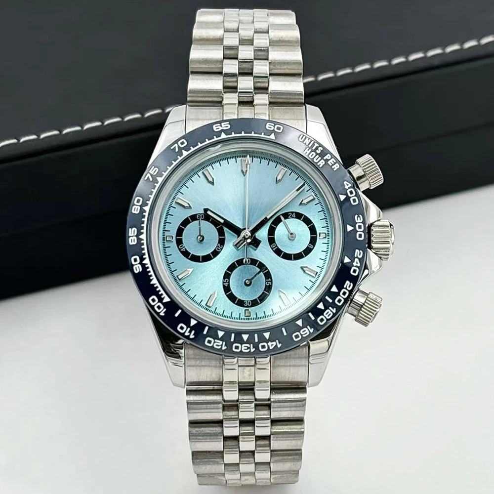 39mm men's watch with VK63 quartz movement, stopwatch function, hard ceramic bezel, panda-shaped dial, waterproof design watch