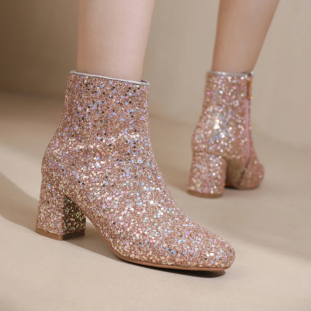 2024 New Ladies Ankle Boots Sequined Fashion Thick High Heels Women Round toe Winter Boots Silver Blue Female Chelsea Booties