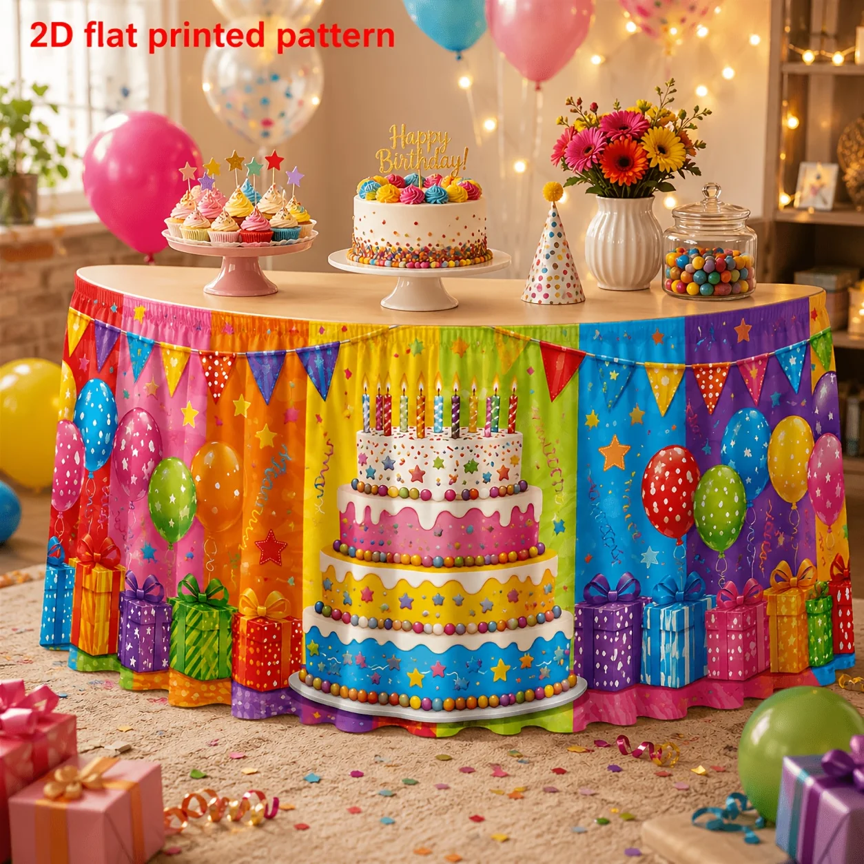 Polyester birthday printed table skirt, cake balloons, gift triangle flags, sequined colorful panel pattern decorationxzj