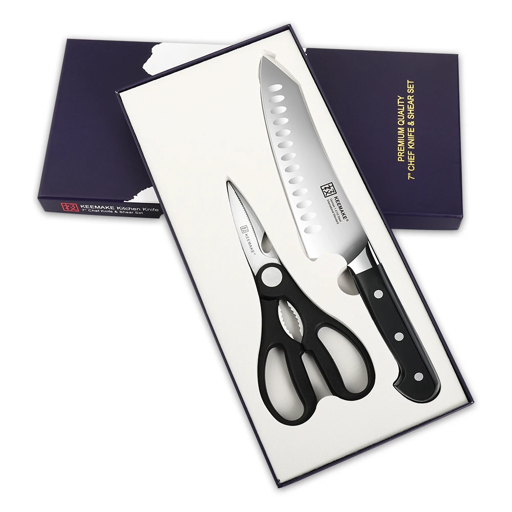 KEEMAKE 2PCS Chef's Knives Set Stainless Steel Japanese Santoku Knife Multipurpose Kitchen Scissors Gift Box Packed Knife Set