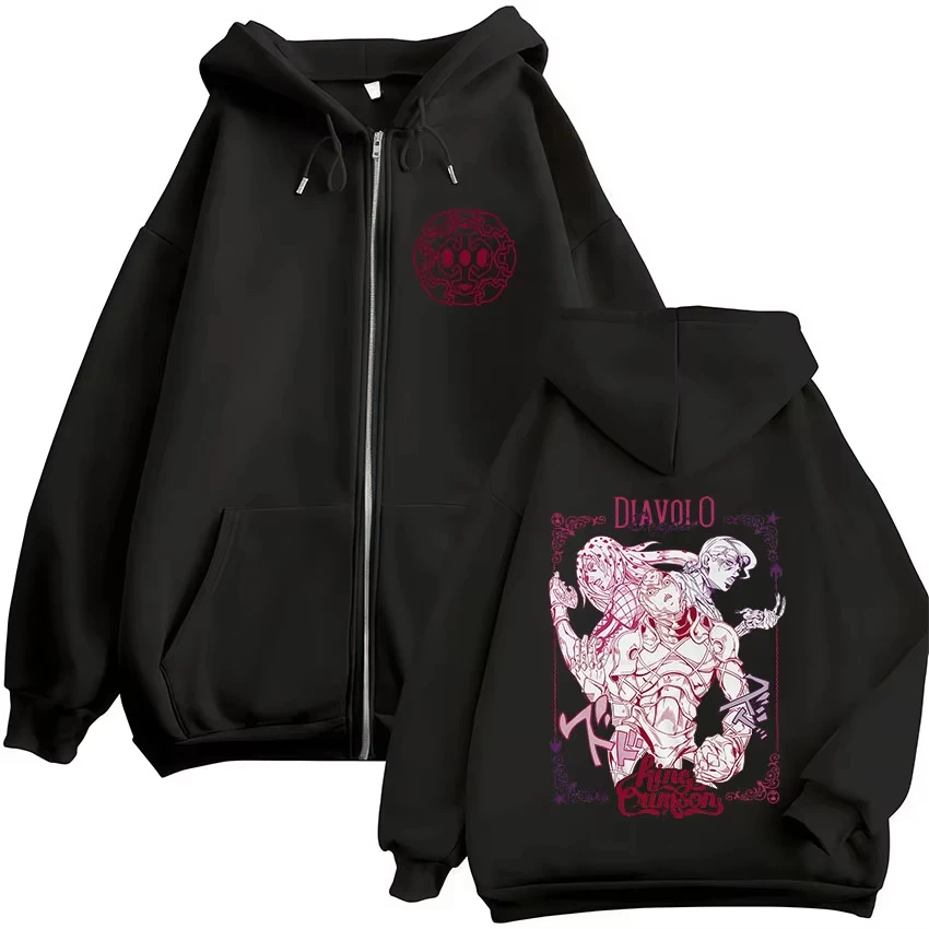 Anime jojo bizarre adventure zíper hoodies diavolo doppio manga gráfico zip up sweatshirts masculino feminino moda casual pullovers