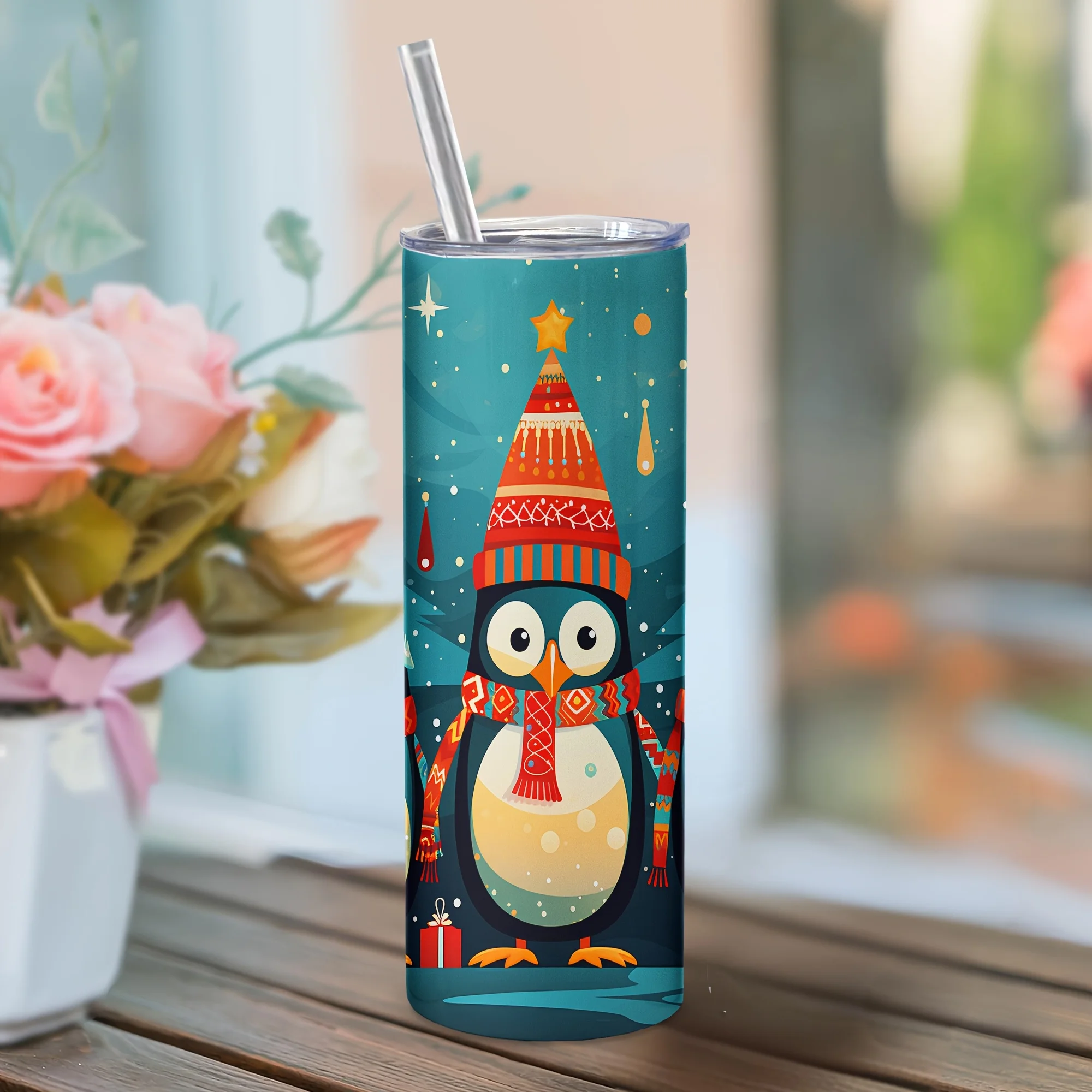 1pc, 20oz Stainless Steel Tumbler, Penguin Design, Snowflake, Tree Print, with Straw and Lid, Insulated Christmas Blessing Cup, Perfect for Christmas Party Decor, Mom's Life Cup, Thanksgiving, Halloween, Holiday Drinkware