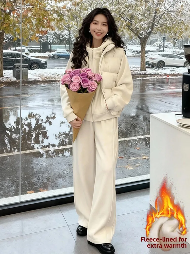 Winter 2026 Dames Los Sweatshirt Wijde Pijpen Broek Vest Tee Delige Set Fce Thi Casual Sportpak Lange Sve Rits