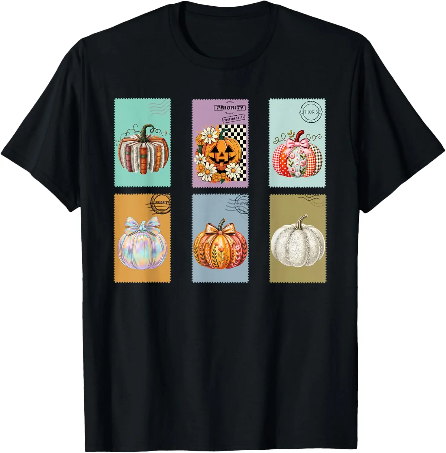 Pretty Stamp Grid Collection Coquette Bow Pumpkin Halloween T-Shirt 100% Cotton Trendy Y2K Short-Sleeve Tee-Soft, Quick-Drying,