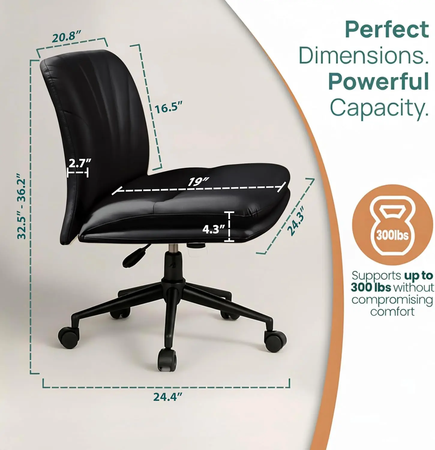 Black Wide Armless Desk Chair with Wheels for Criss Cross Sitting, Adjustable, 360° Swivel and 120° Rocking for Home and Office