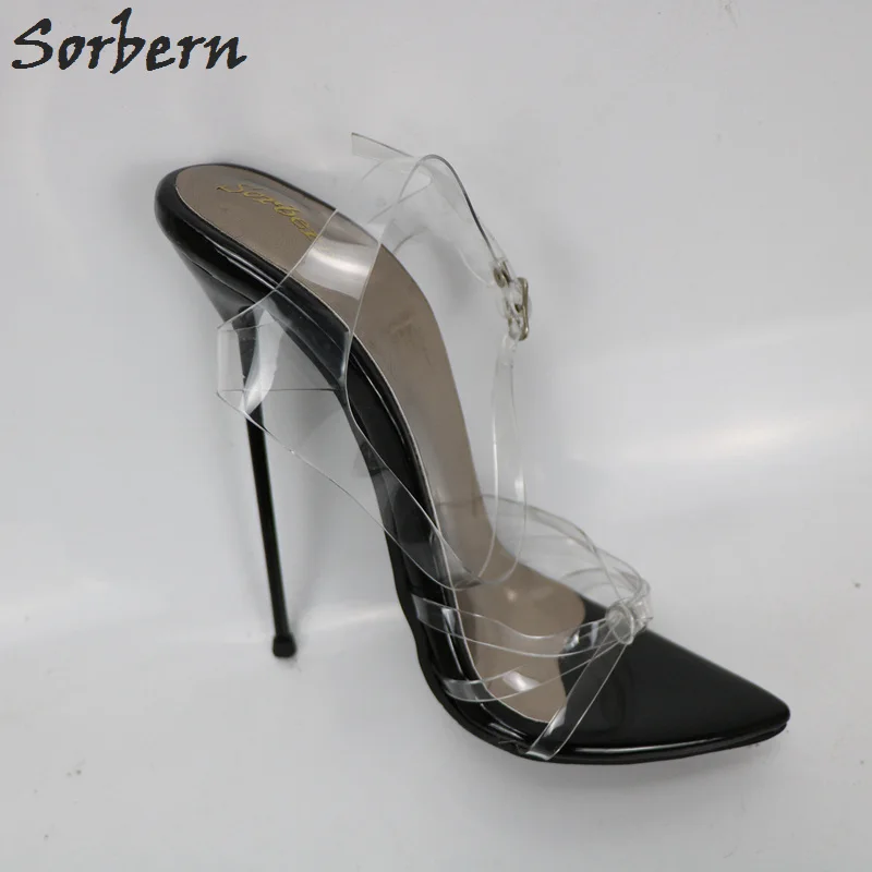 Sorbern Black Women Shoes Unisex Sandals High Heels 14Cm 16Cm Thin Straps Metal Stilettos 35-50 Sandals For Women Plus Size