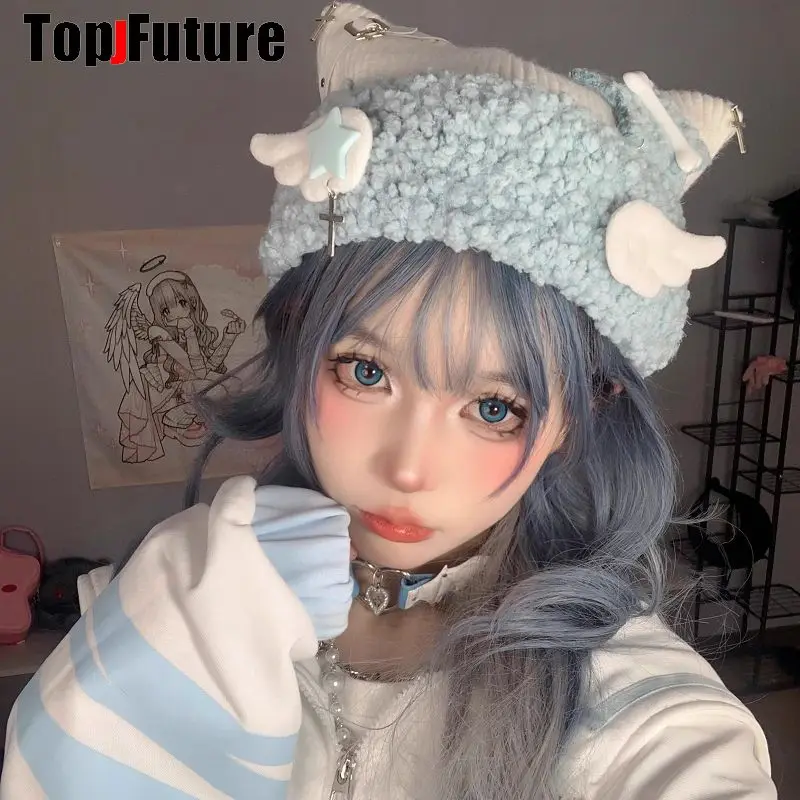 

Women Y2K Girl Harajuku Gothic LolitaAqua blue subculture knitted hat cat ear hat mine series cute Bomber hat Winter Beanie Hat