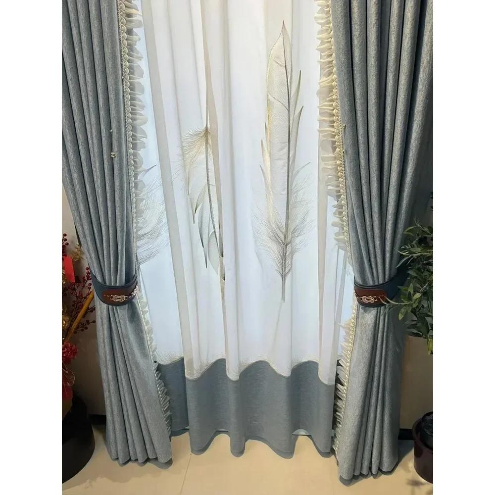 

Curtains for Bedroom Living Room Embroidered Gauze Curtain Grey Blue Crinkle Cloth Blackout Floating Window French Finished