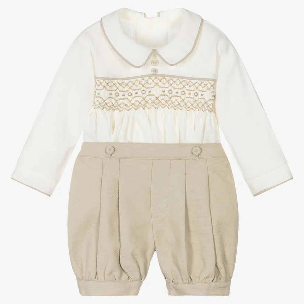 Spanish Baby Boy Hand-Smocked Clothing Sets Infant Newborn Toddler Shorts Sleeve Tops+Pants 2Pcs Outfits Kids Suits