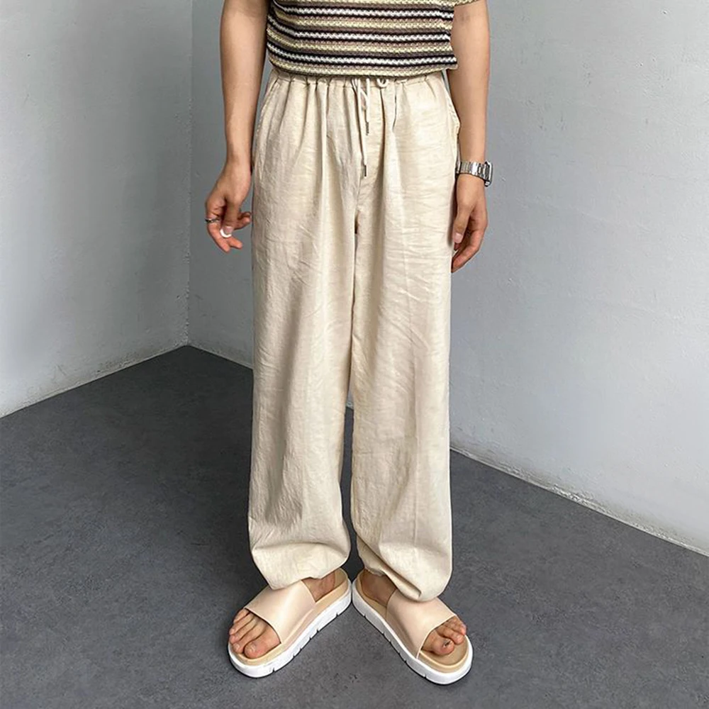 Mens Cotton Linen Casual Straight Leg Cinch Pants Genderless 2024 New Summer Fashion Simple Youth Thin Solid Color Pants Unisex