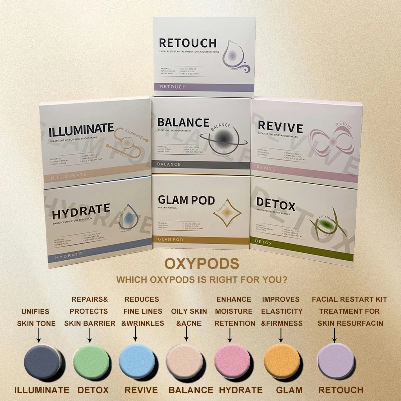 Mais novo carvão de oxigênio 7 tipos vagens DETOX GLAM hidratar CO2 cápsulas de oxigênio cápsula soro bolha kit facial 3 em 1 rejuvenescimento da pele