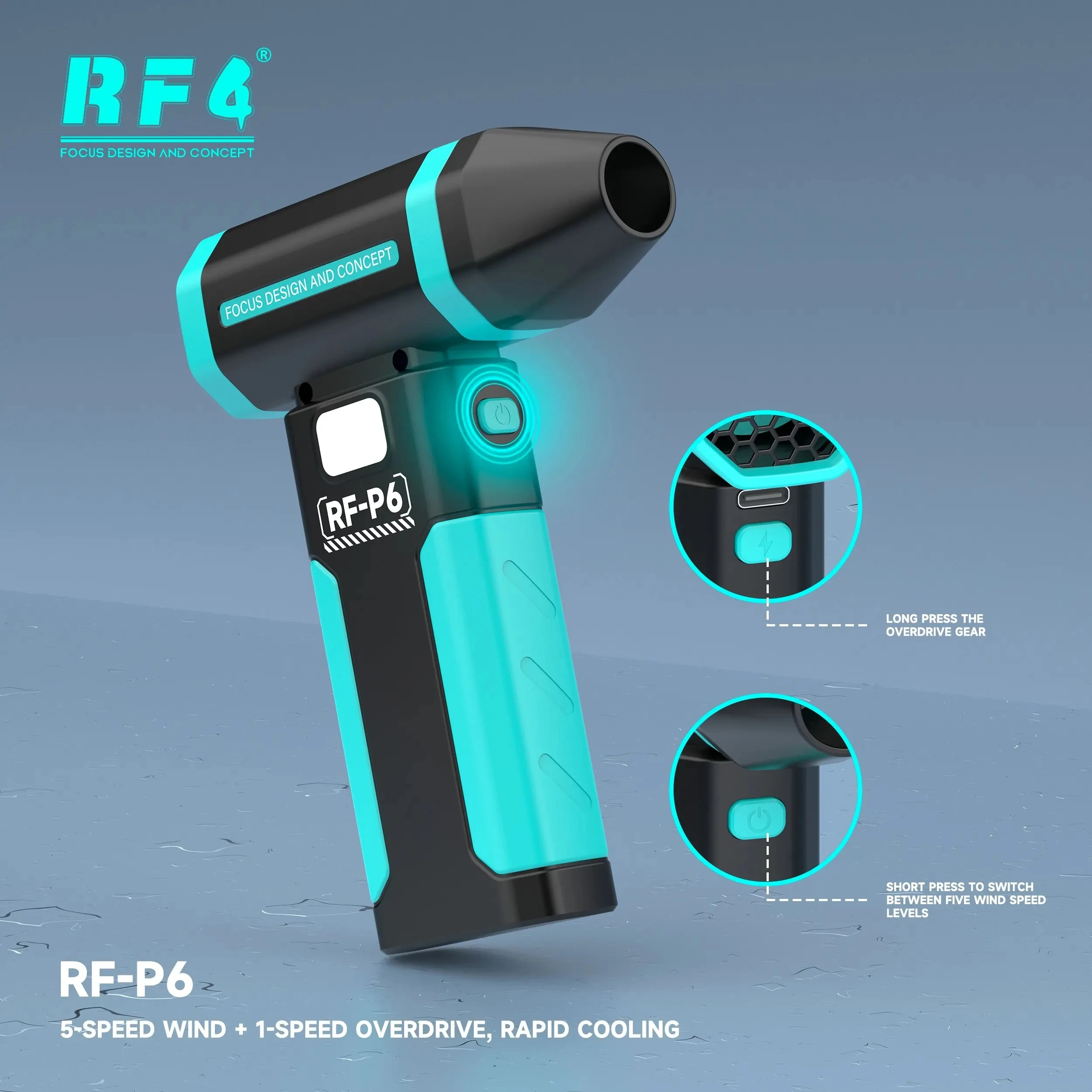 RF4 RF-P6 Portable Air Blower 5 Wind Speeds Overdrive Gear Night Light for Motherboard Phone Car Dust Removal and Cooling 1-2pcs