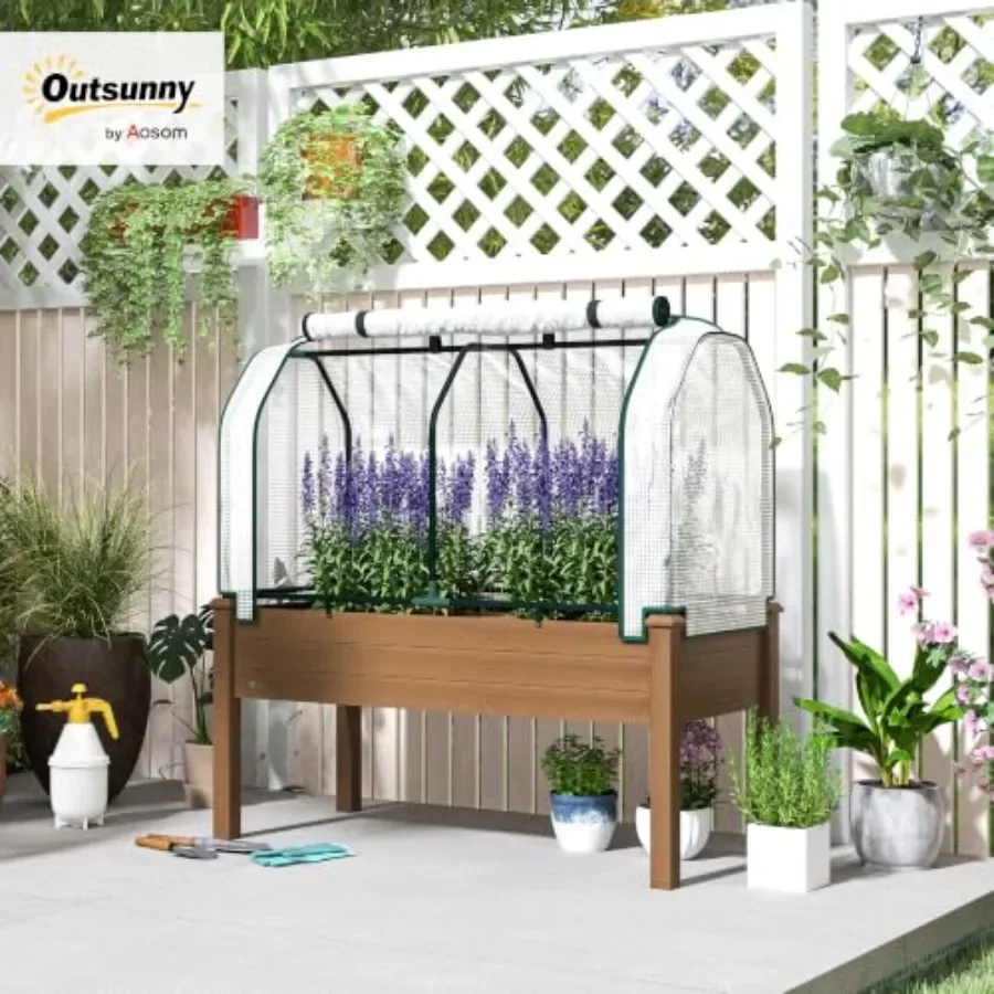 Raised Garden Bed with PE Greenhouse Cover for Outdoor Gardening, Brown Wood-Look Material, Green Cover, Weather-Resistant and