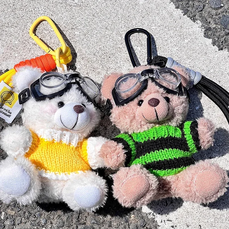 Lovely Cartoon Small Bear Plush Cool Keychain Toy Brown White Bear Clothes Glasses Bear Doll  Idear Gift For Couple Bag Pendant