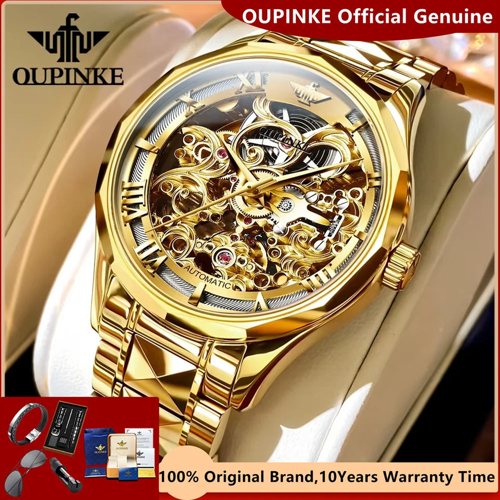 OUPINKE-Reloj de pulsera mecánico automático para hombre, cronógrafo de acero de tungsteno con espejo de zafiro, marca superior de lujo, color dorado