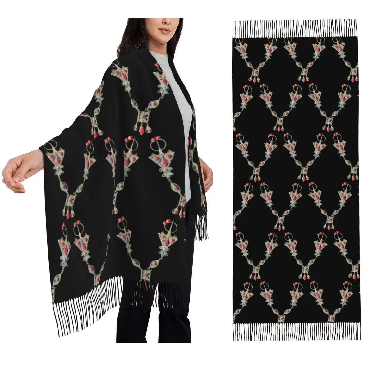Custom Kabyle Jewelry Amazigh Scarf Tassel Scarves Women Soft Warm Shawls and Wraps Large Fall Winter Shawl Wrap