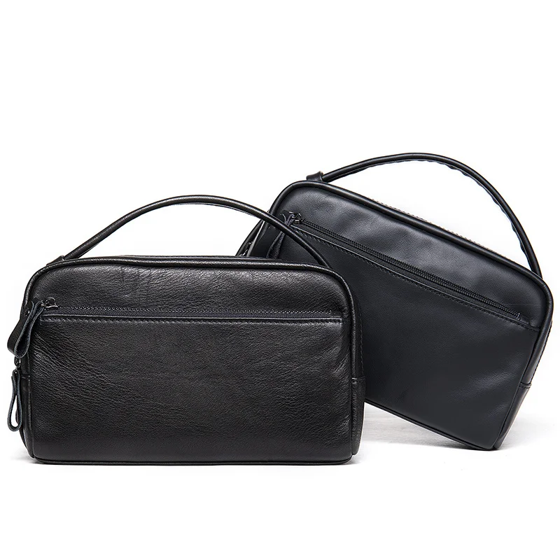 Leather business handbag super soft large capacity wash gargle bag leather casual handbag Male clutch bag black