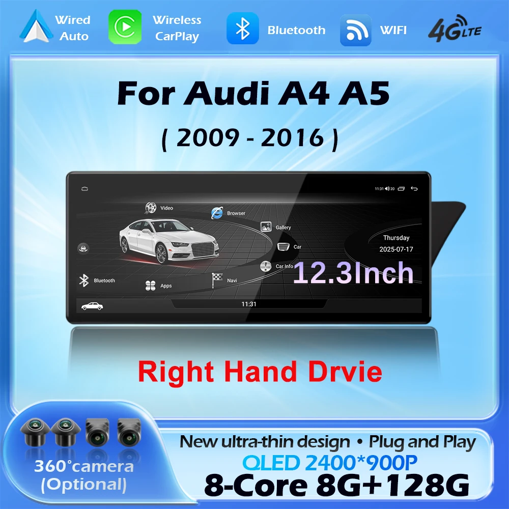 Right Hand Drive For Audi A4 A5 2009-2016 Car Radio Multimedia Wireless CarPlay Android 16 Navigation GPS QLED Screen Bluetooth