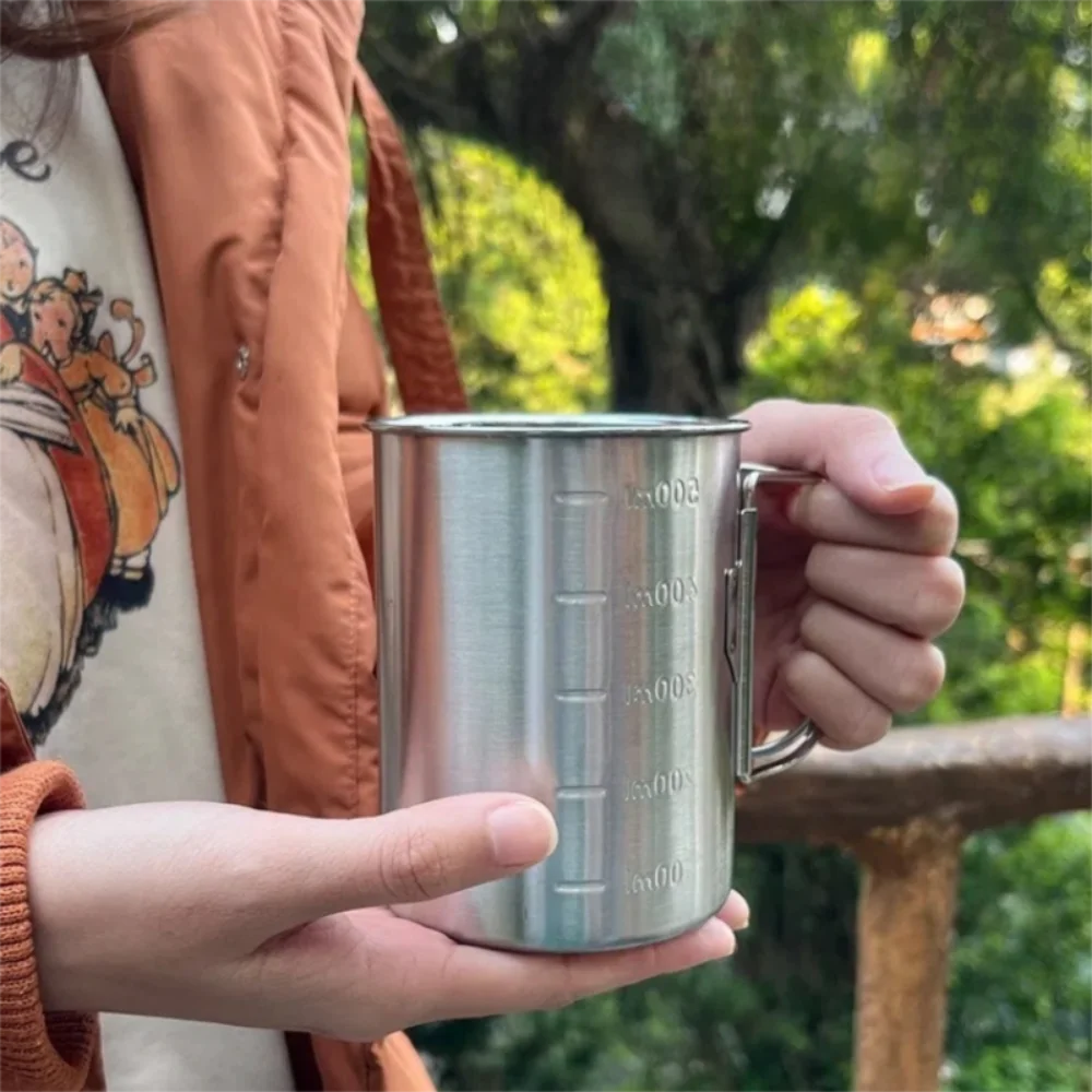 جديد كوب تخييم من الفولاذ المقاوم للصدأ مع غطاء 350/500 مللي كوب قهوة للتخييم مقبض قابل للطي كوب ماء للمشي لمسافات طويلة والسفر