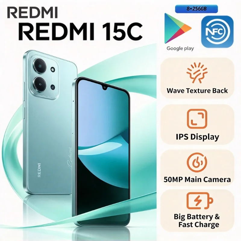 2026 New Redmi 15C 6.9-inch Large Display 6000mAh Battery 50MP AI Dual Camera IP64 Dustproof Waterproof Smartphone