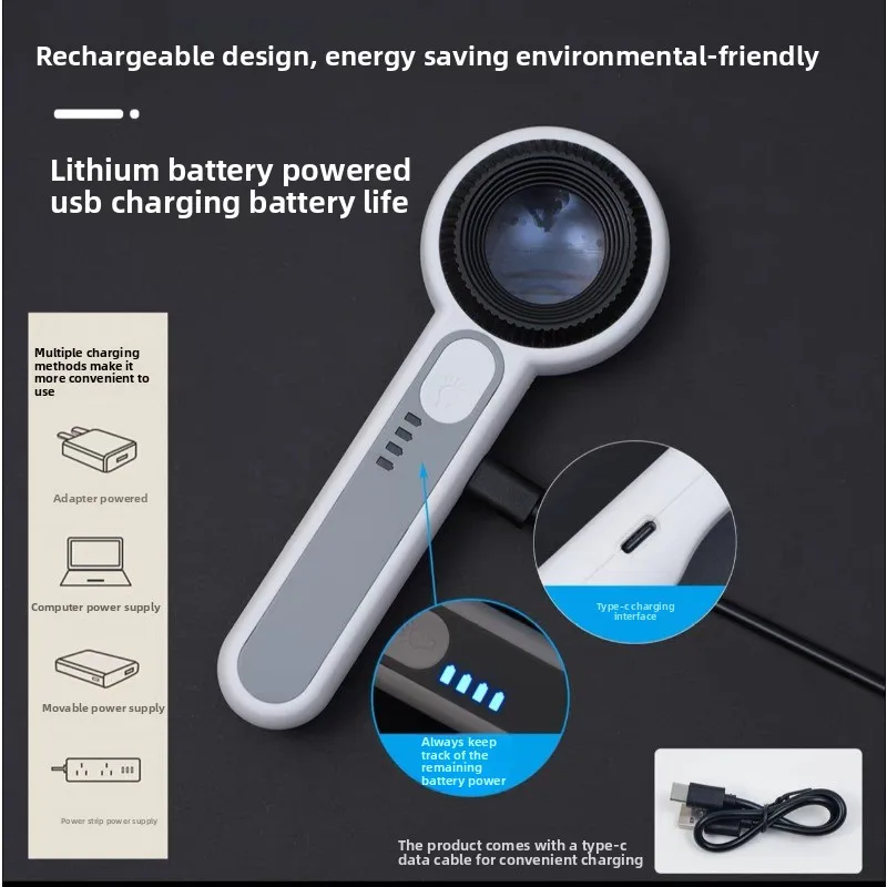 Lupa HD JZD A-196 60x com Luz LED Roxa e Carregamento USB para Avaliação de Selos, Antiguidades, Chips Eletrônicos e Placas de Circuito