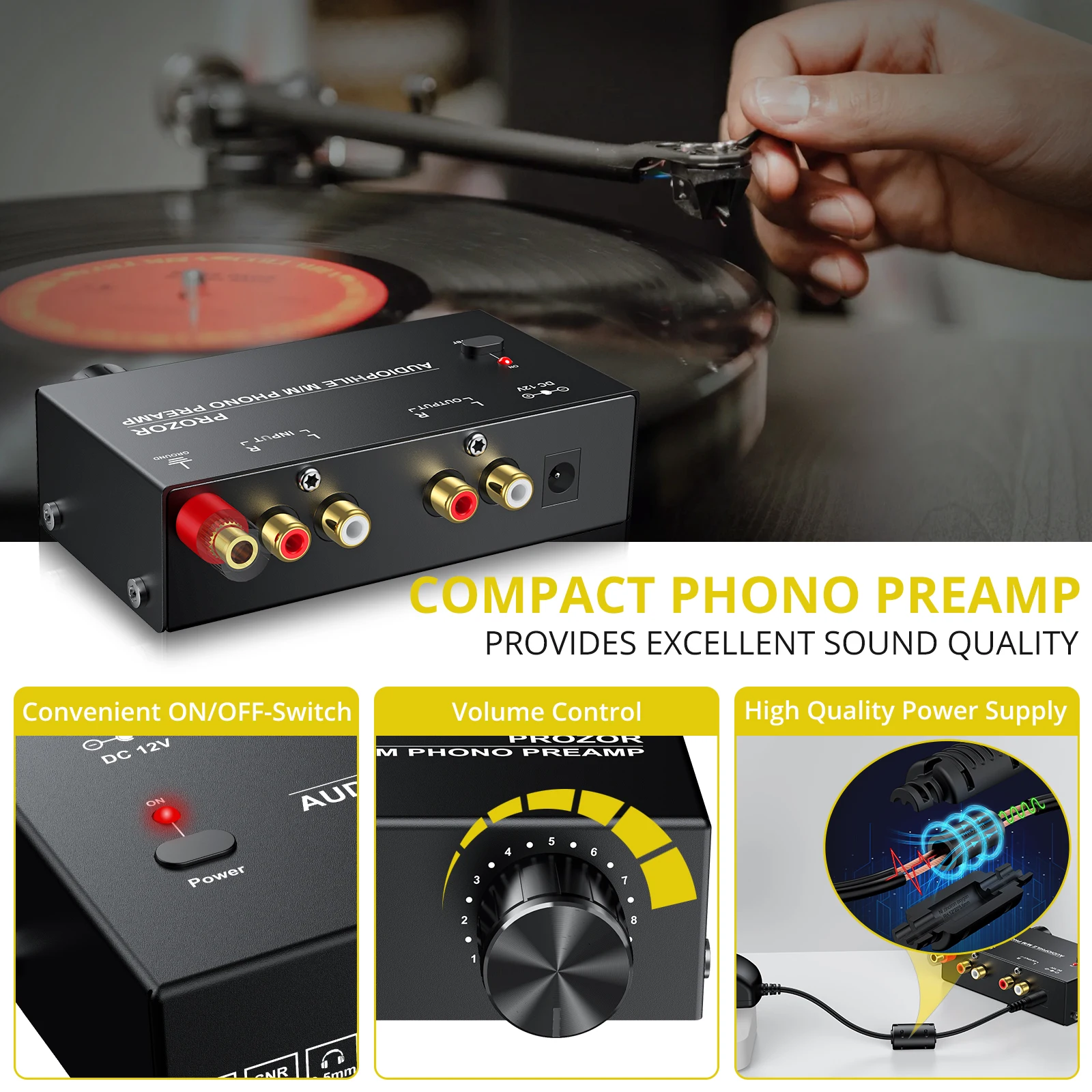 PROZOR Phono Preamp Preamplifier Audiophile M/M Phono Preamp RCA Input and Output Interfaces With Volume Control Power Supply