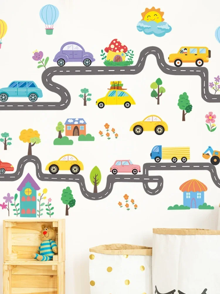 Cartoon road car Hot Air balloon house trees children\'s room background decorative wall stickers self-adhesive home accessories