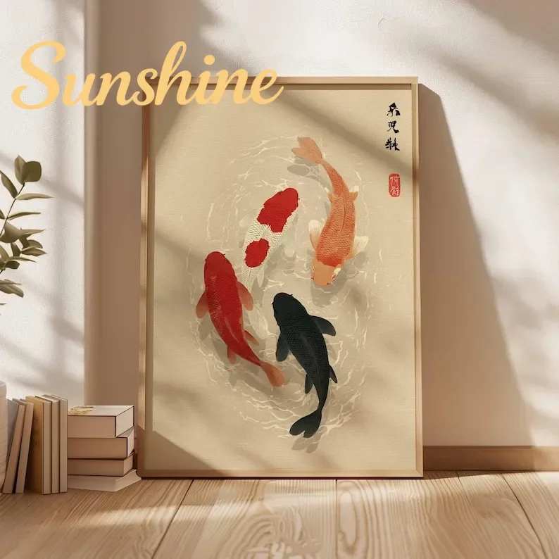 (No frame)1pc Japanese Koi Fish Poster, Minimalist Asian Wall Art, Unframed Japandi Zen Water Canvas Painting for Living Room