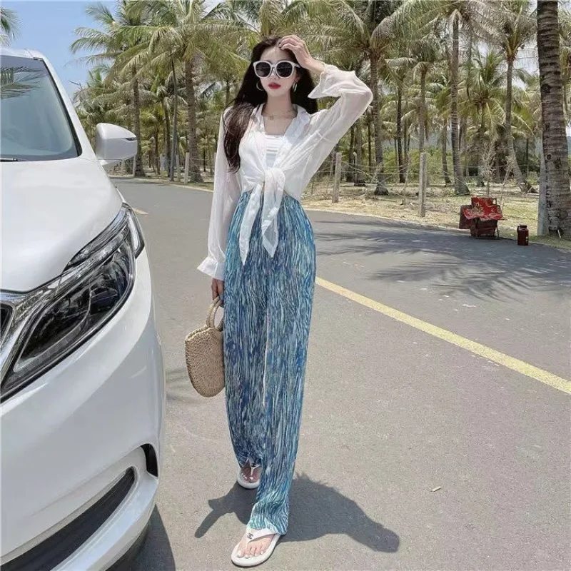 Korean Fashion Versatile Summer Women\'s Clothing Elastic Waist Tie Dye Pleated Casual Simple Loose High Waist Wide Leg Trousers