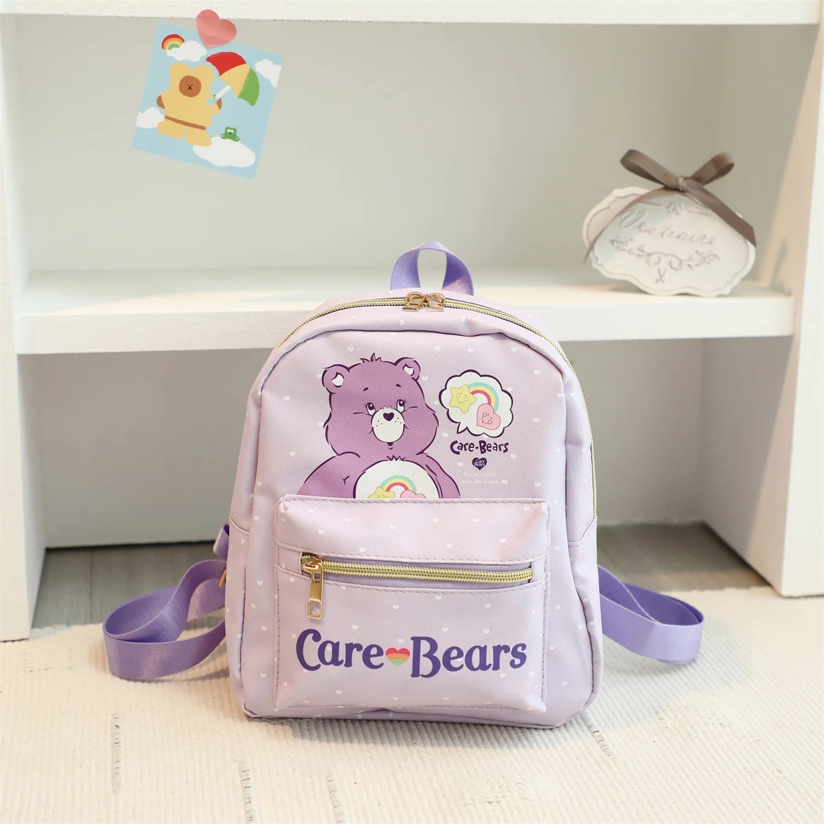 CareBear-Sac à dos en cuir imprimé ours arc-en-ciel pour enfants, dessin animé mignon, étanche, grande capacité, soins décontractés, filles