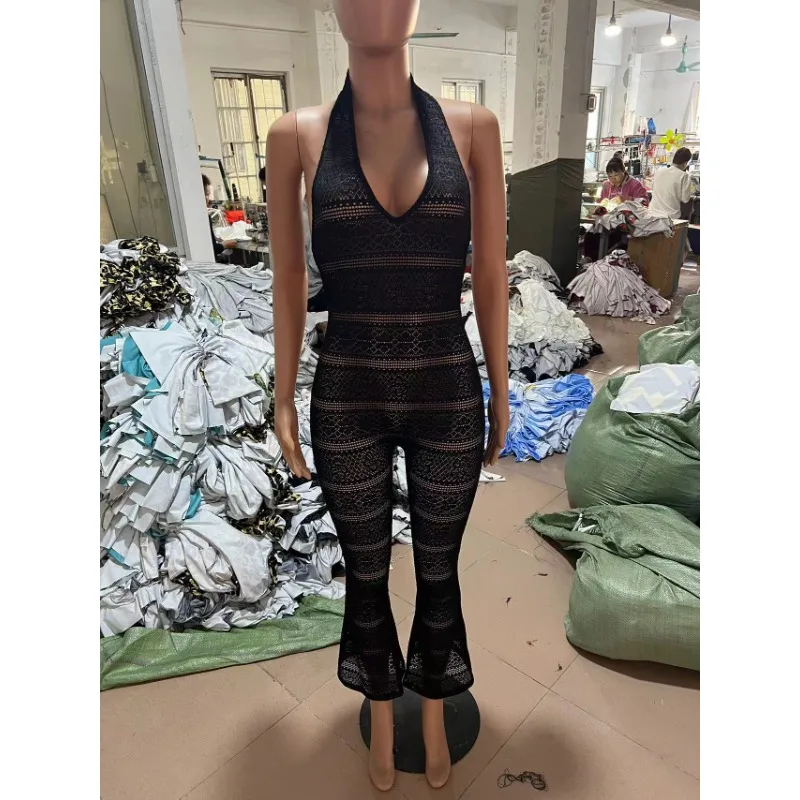 Jumpsuit kurus tembus pandang renda seksi baru musim panas 2024 jumpsuit Bodycon kasual tanpa lengan Halter Solid untuk wanita Streetwear