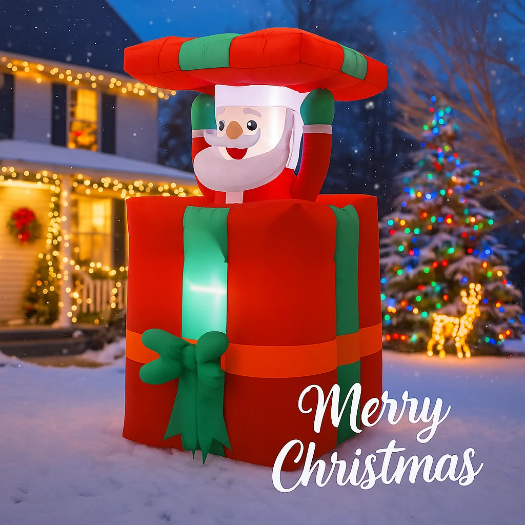Caja de regalo inflable de Papá Noel de 1,5 M/4,9 pies, luces LED de Navidad para decoración del hogar, juguete para patio, decoración de iluminación para fiestas navideñas al aire libre