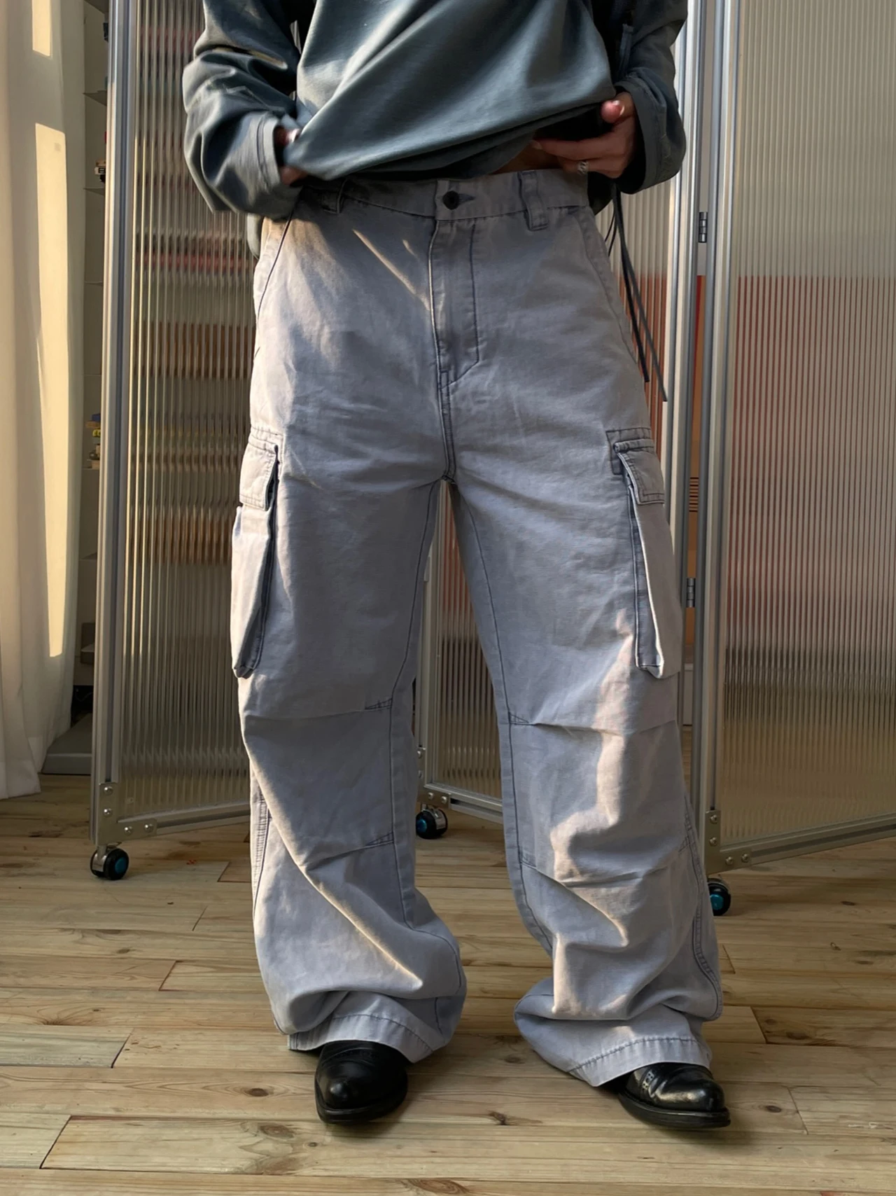 

MMBBT Light Blue Washed Vintage Work Trousers with Big Pockets Women's Loose Straight Casual Pants Summer Versatile Comfortable