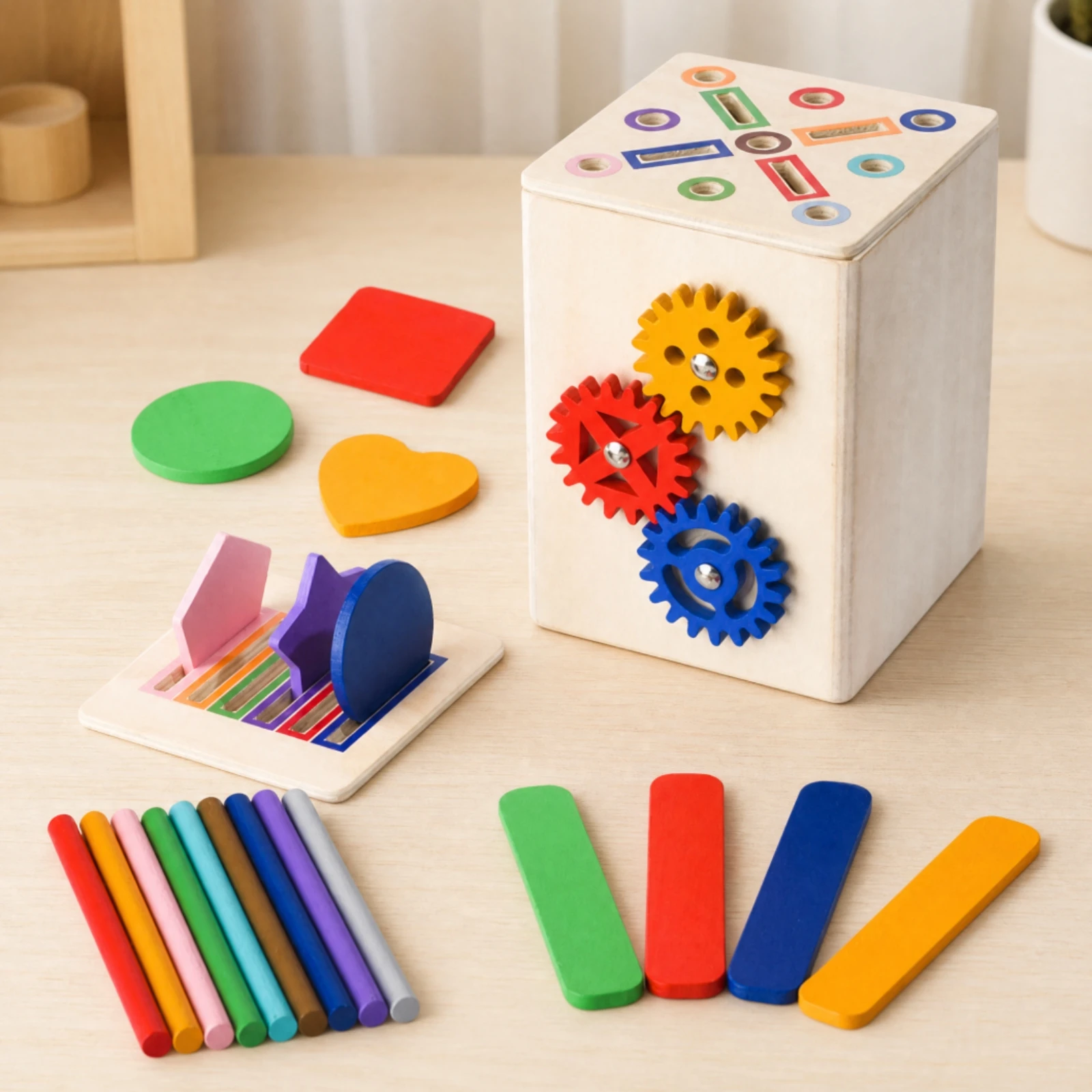 Shape and Color Matching Sorting Box Fine Motor Skills Sorting Box with Shape Pieces and Wooden Rods for Toddlers