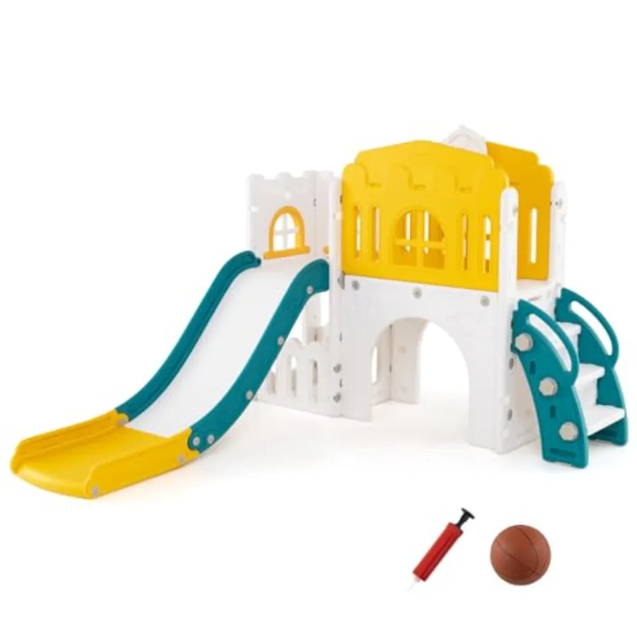 

9 in 1 Toddler Slide Playset with Basketball Hoop Telescope Steering Wheel Aisle Tunnel Storage Space Indoor Playground for Age
