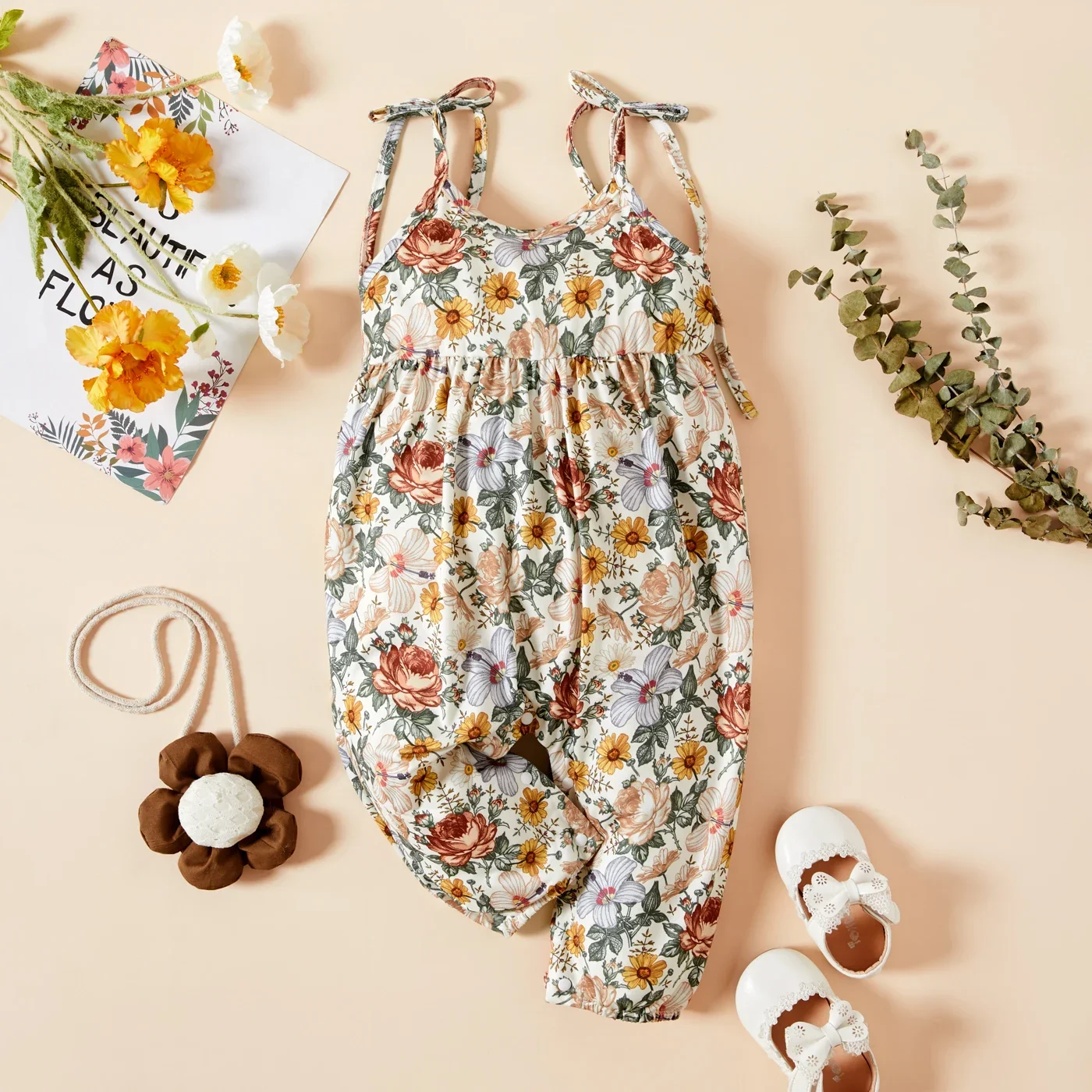 PatPat Baby Girl 95% Cotton Sleeveless Spaghetti Strap Floral Print Jumpsuit Soft and Comfortable  Perfect for Outings