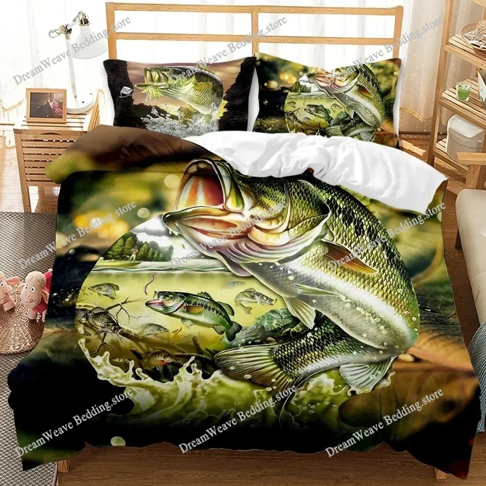 

Big Pike Fishing Duvet Cover Set Hunting Fly Fishing Comforter Bedding Set Queen King Full Polyester Quilt Cover for Teens Adult