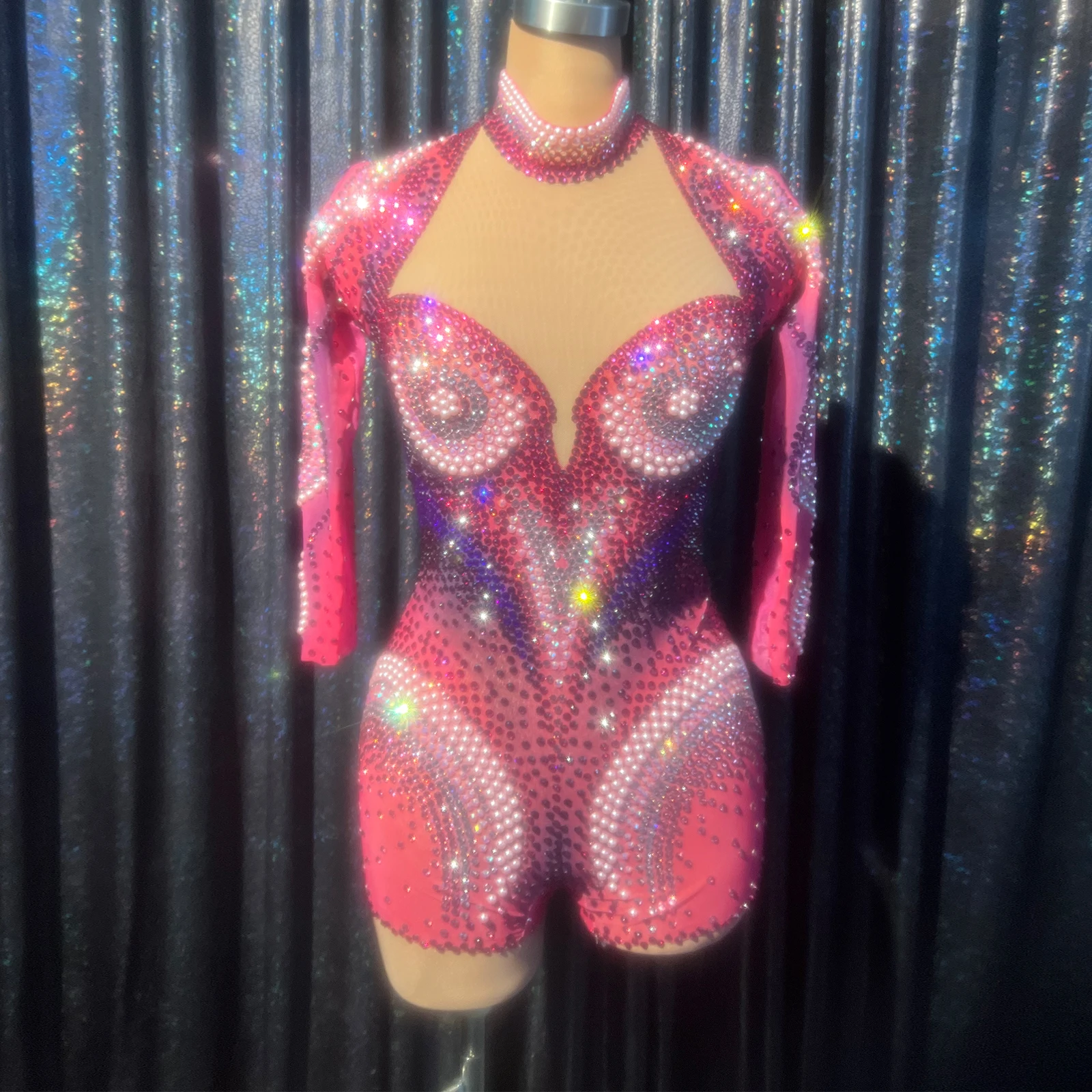 

sparkle Full rhinestones jumpsuit sexy pink pearl bodysuit club party birthday drag queen DS pole dance clothing Singer stage