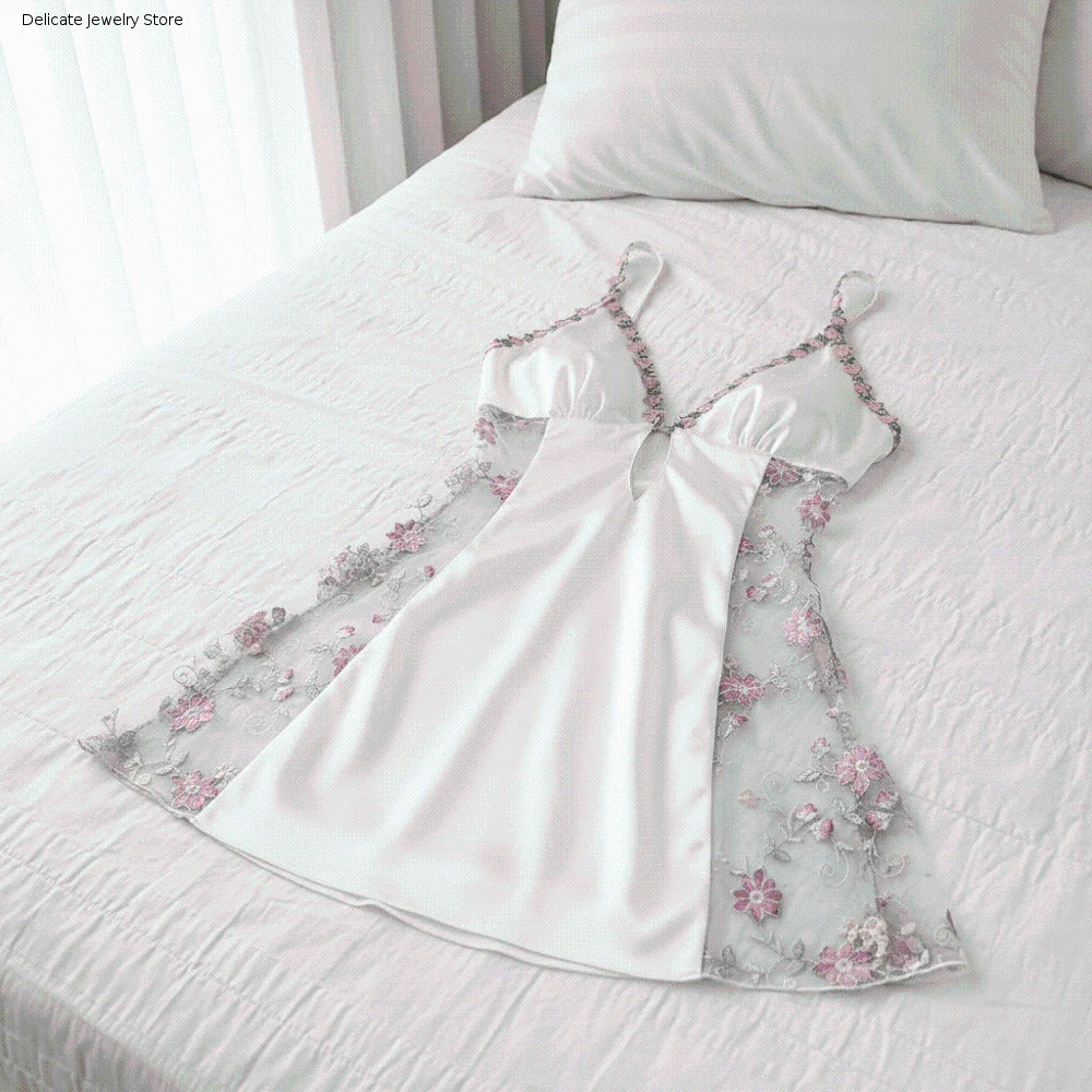 Thin Lace Women's Pajama Dress Embroidered Mesh Transparent Ice Silk Suspender Nightdress Flowers Split Slim Sling Nightgown