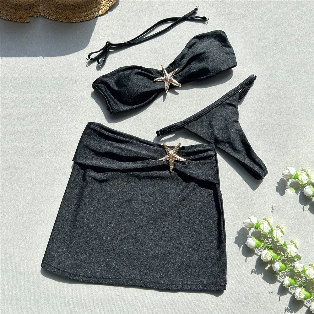 

Metal Starfish Black Swimwear Sexy Swimsuit Cover Ups Women Micro Thong 3 Piece Bikini Set Damen Bathing Suit Beach Wear Bikinis
