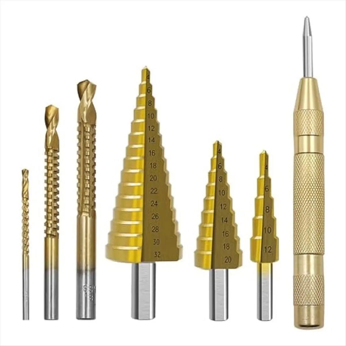 ABFW 7Pcs Step Drill Groove Saw Drill Set,Groove Saw Drill,Step Up Drill Bits,Spiral Cone Stepped Down Bits for Impact Drill