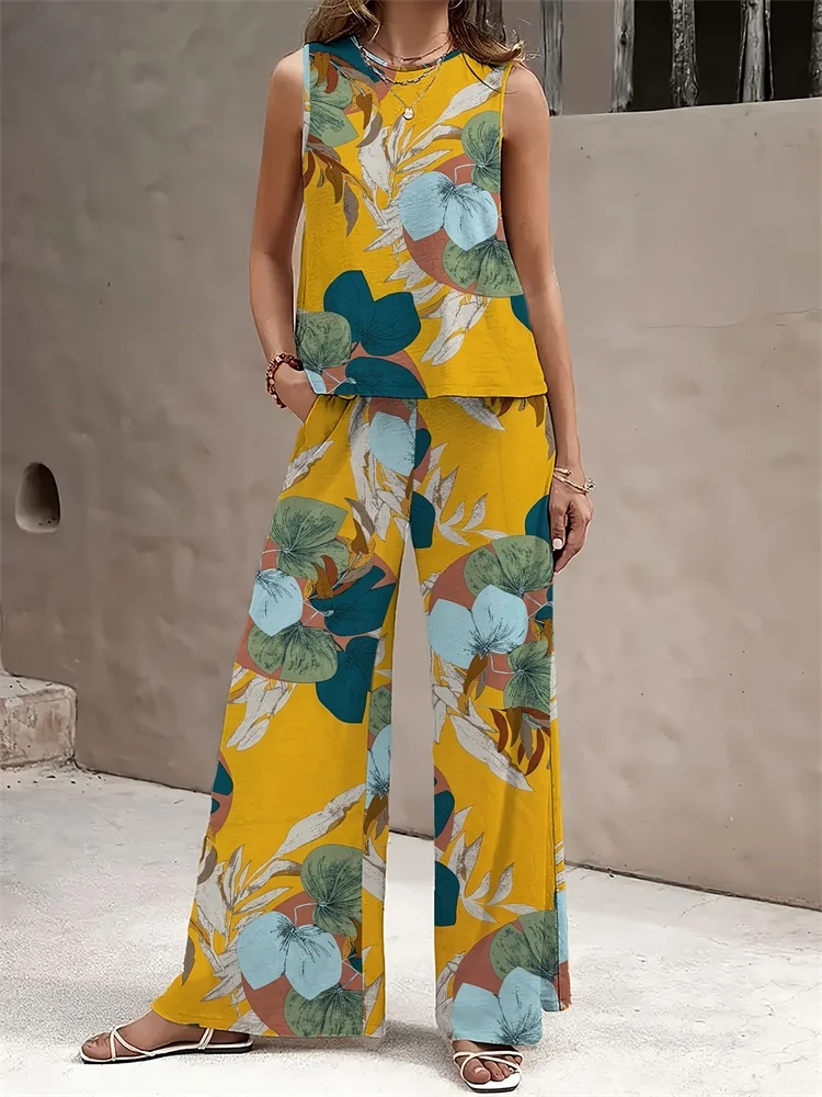 Ensemble 2 pièces haut à col rond sans manches et pantalon Long décontracté, imprimé Floral frais en 3D, mode de rue urbaine, été