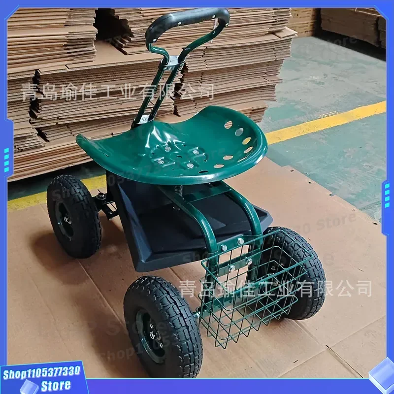 Heavy Duty Iron Garden Cart with 360 Degree Rotating Seat Adjustable Four Wheel Gardening Trolley Rear Frame for Outdoor Work