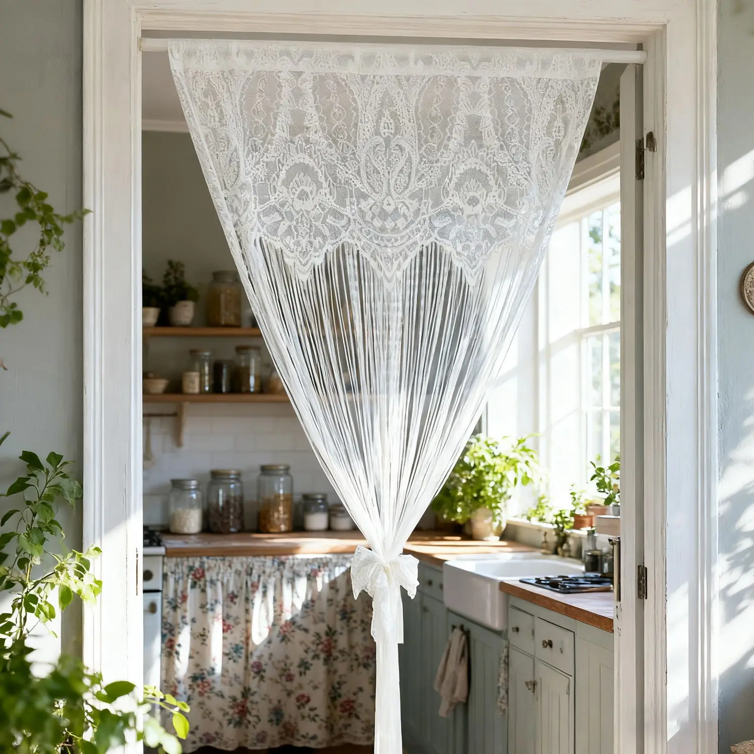 French Vintage Lace Tassel Door Curtain Sheer Window Door Drapes for Kitchen Living Room Balcony Accent Wall Corridor Partition