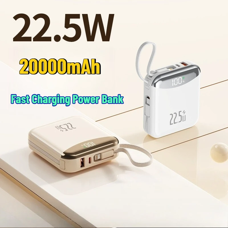 22.5W Super Fast Charging Power Bank with Built-in Cable 20000mAh Portable Ultra-Thin and Mini