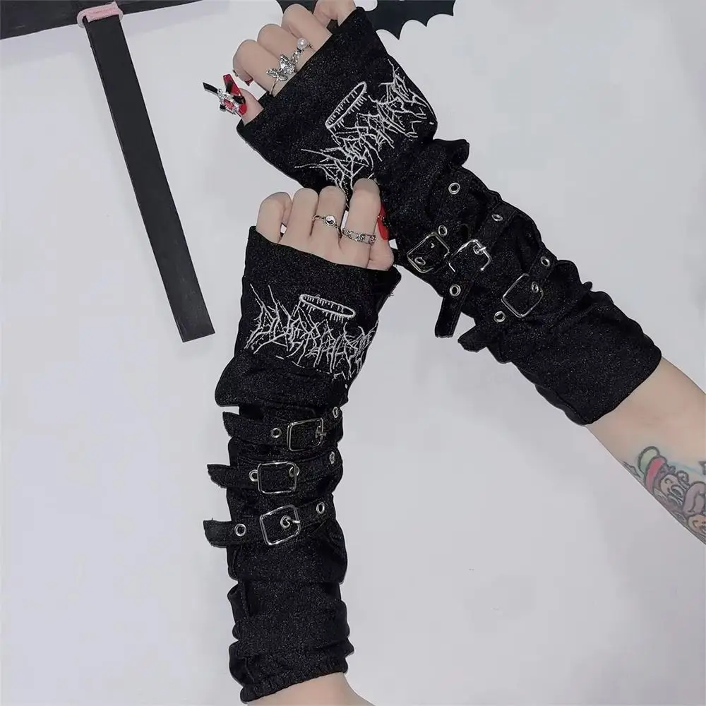 Creative Metal Buckle Arm Sleeves Y2K Dark Punk Half Finger Sleeves Embroidery Harajuku Decorative Gloves Women