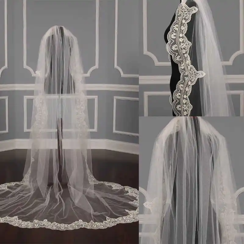 

Elegant 3M Long Wedding Veils Cathedral Lace Applique One Layer Bridal Veil With Comb Wedding Accessories Customized