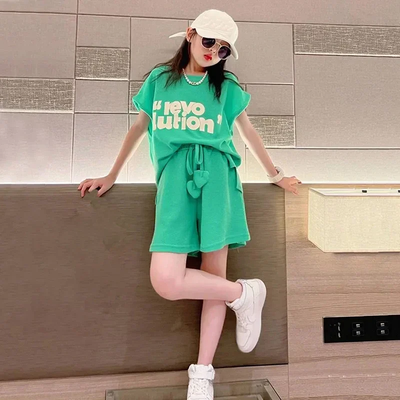 

Girl Sports Suit Summer Clothes 2023 New Kids T-shirt + Pants Children Loose 2pc Sets Outfits Teen Streetwear 4 6 8 10 12 14